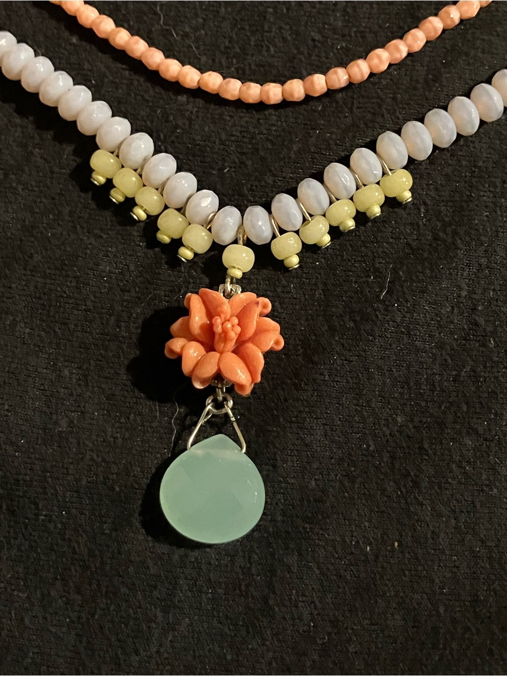 Double-Strand Coral Flower and Mint Pendant Necklace - Pastel Beads - Picture 3 of 8